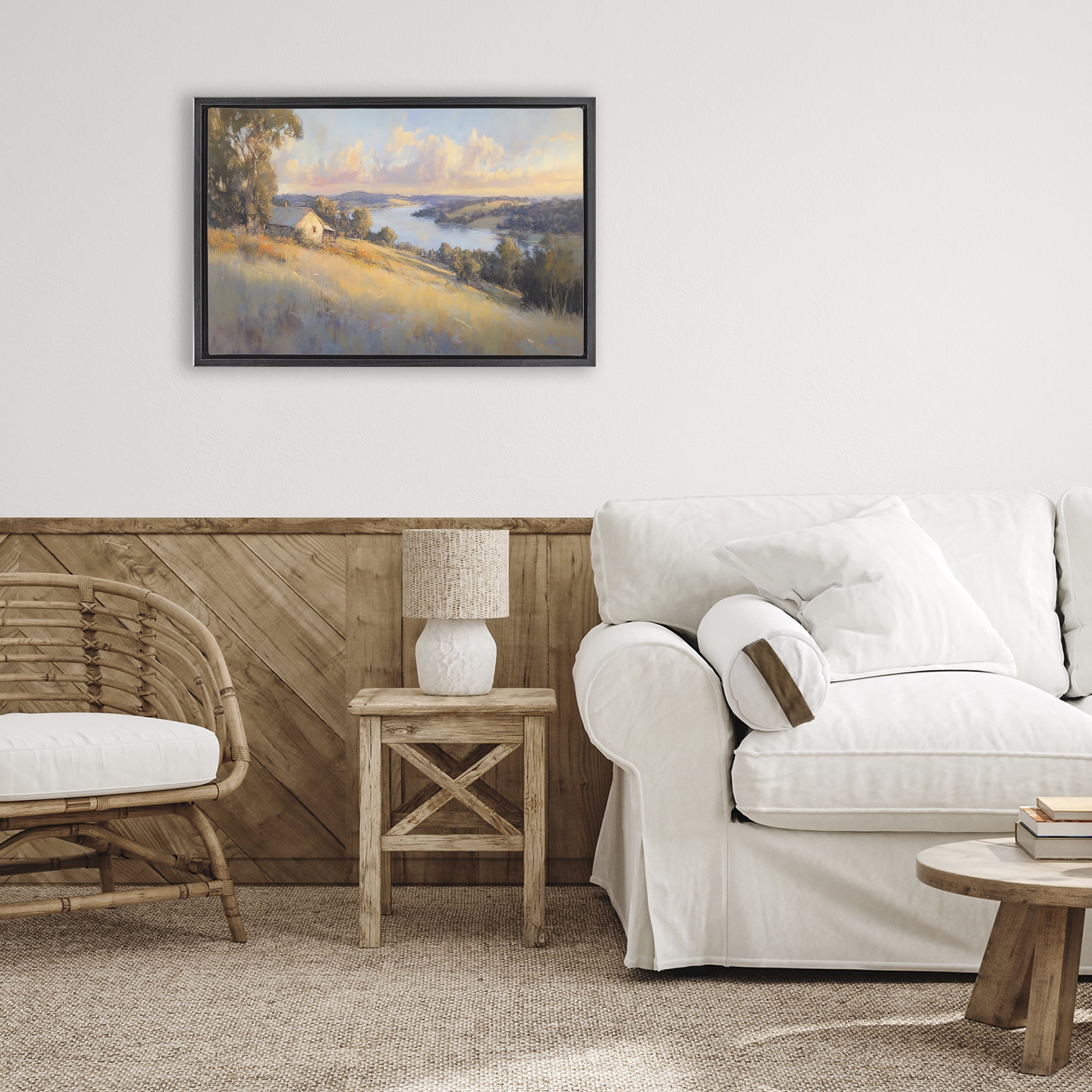 Stupell Industries Hilltop Cottage in Sunset Glow Black Framed Floater Canvas Wall Art, design by Creative Studio