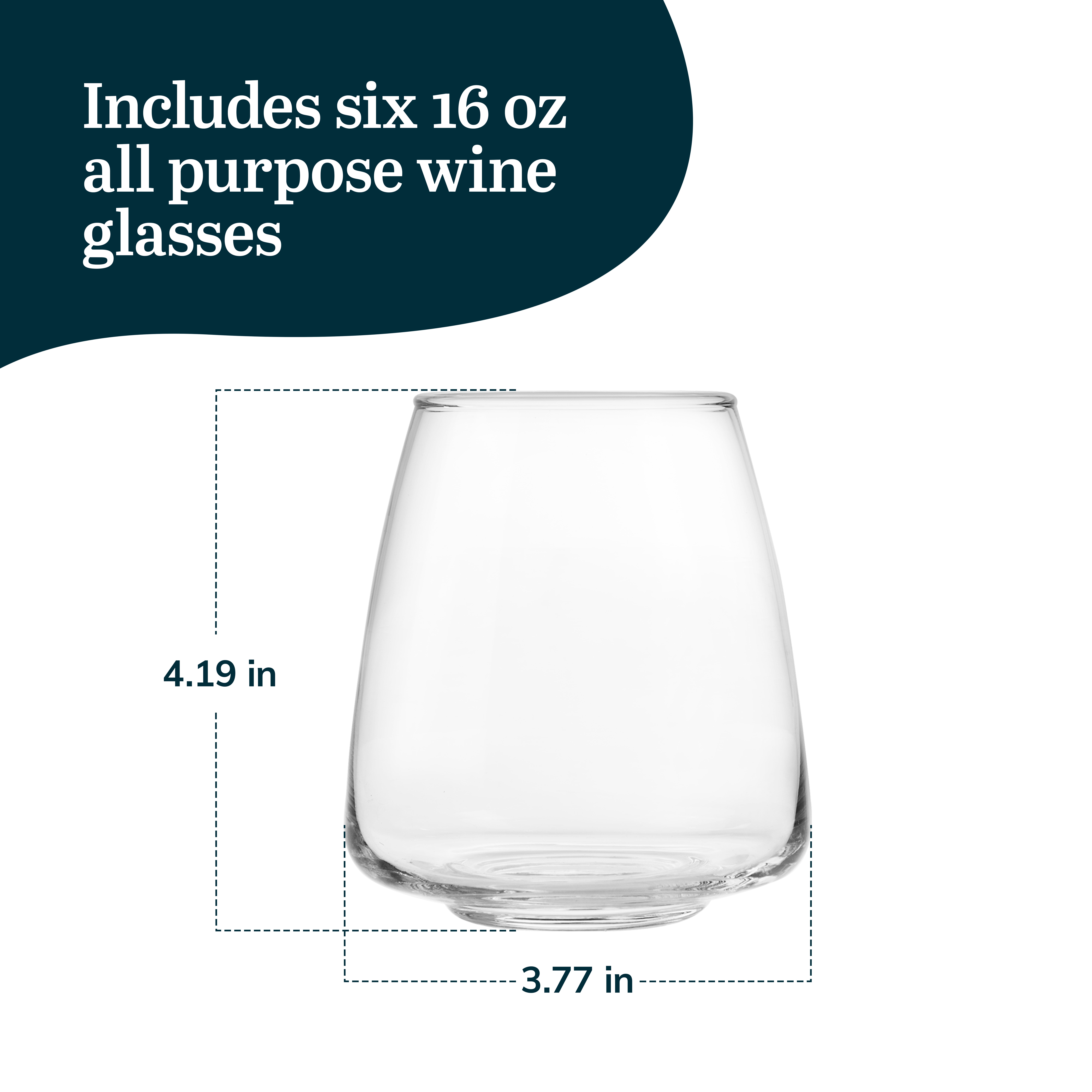Libbey Stackable Stemless Wine Glasses Set of 6, Tapered Bulb Shaped All Purpose Wine Glass Set, Dishwasher Safe Glass Wine Glasses, Cocktail