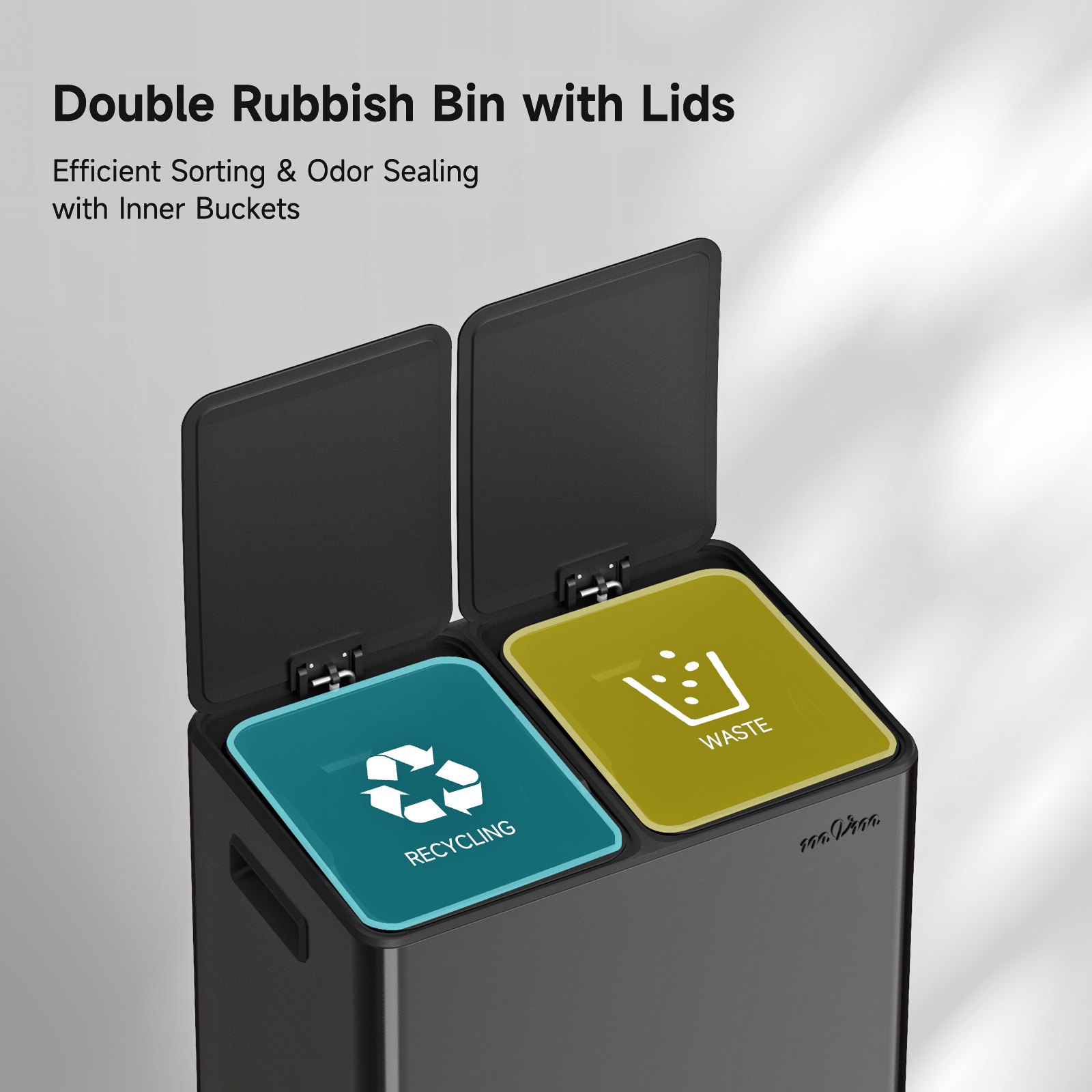 mVm 16 Gal Dual Trash Can, Recycling Garbage Bin for Kitchen Home Office (Black)