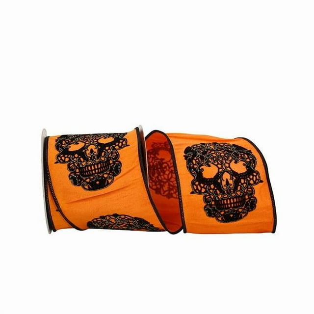 Reliant Ribbon 92675W-058-10F Skull Glitter Wired Edge Ribbon - Orange - 4 in. x 10 yards