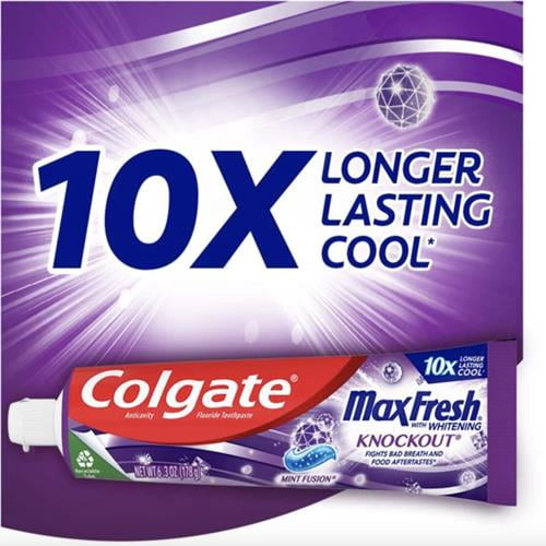 Colgate Max Fresh Knockout With Whitening Toothpaste With Mini Breath Strips, Mint Toothpaste For Bad Breath, 6.3 Oz Tube, 3 Pack.
