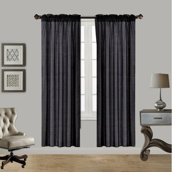 2PC MR2 BLACK SOLID SILK SEMI SHEER ROD POCKET WINDOW CURTAIN PANEL LIGHT FILTERING 55" W X 84" L EACH PC