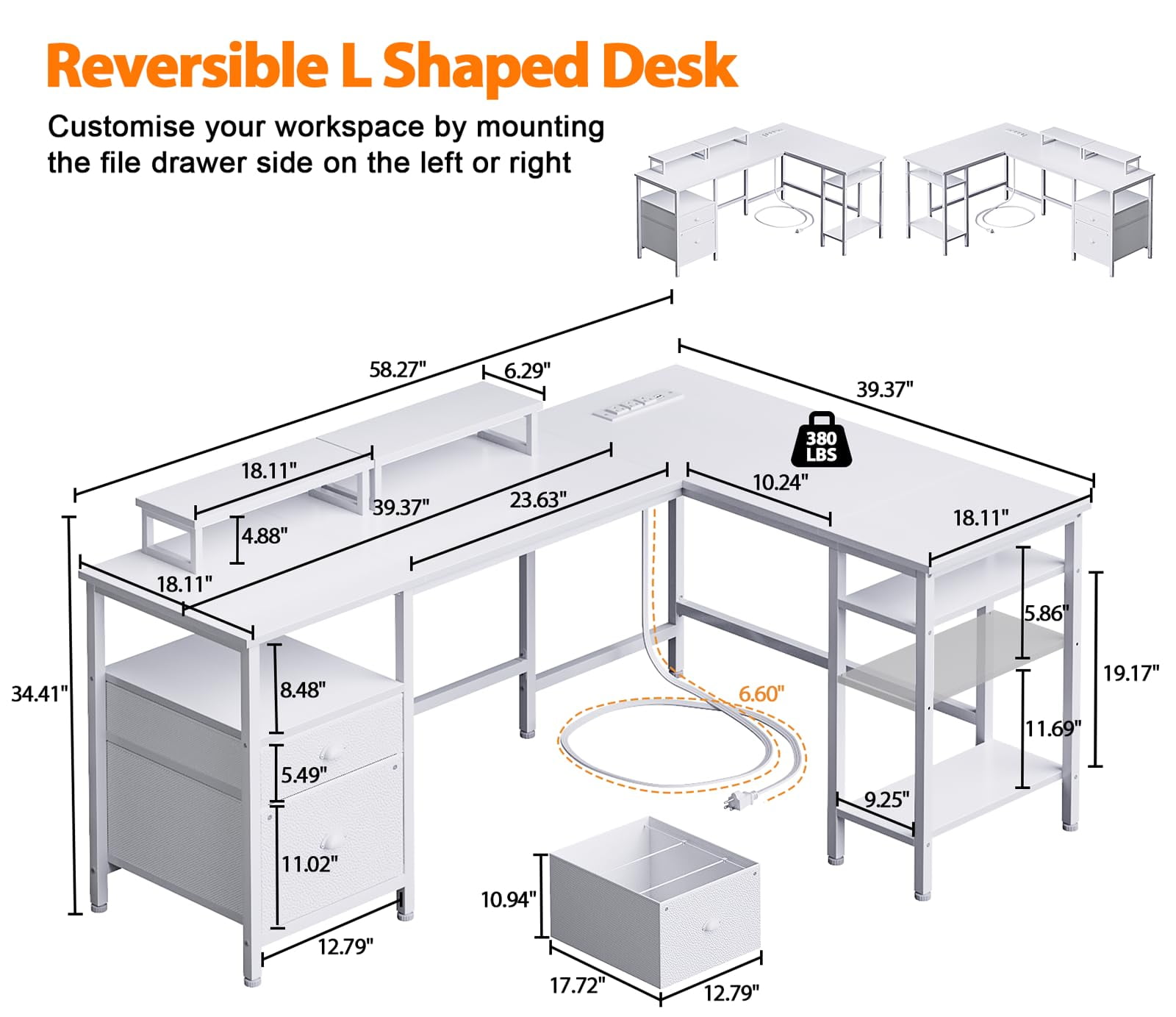 Furologee White 59” L Shaped Desk with Power Outlet, Reversible Computer Desk with File Drawer & 2 Monitor Stands, Corner Home Office Table with Storage Shelves for Gaming Writing