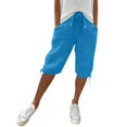 thumbnail image 2 of HKYNLAG Women's Bermuda Shorts Knee Length Elastic Waist Drawstring Linen Lightweight Summer Long Shorts with Pockets Blue L, 2 of 7