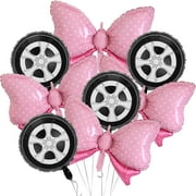 8Pcs Wheel Balloons Car Tires Foil Balloons Pink Bows Mylar Balloons for Race Car Themed Gender Reveal Birthday Party Decorations SuppliesMZ501