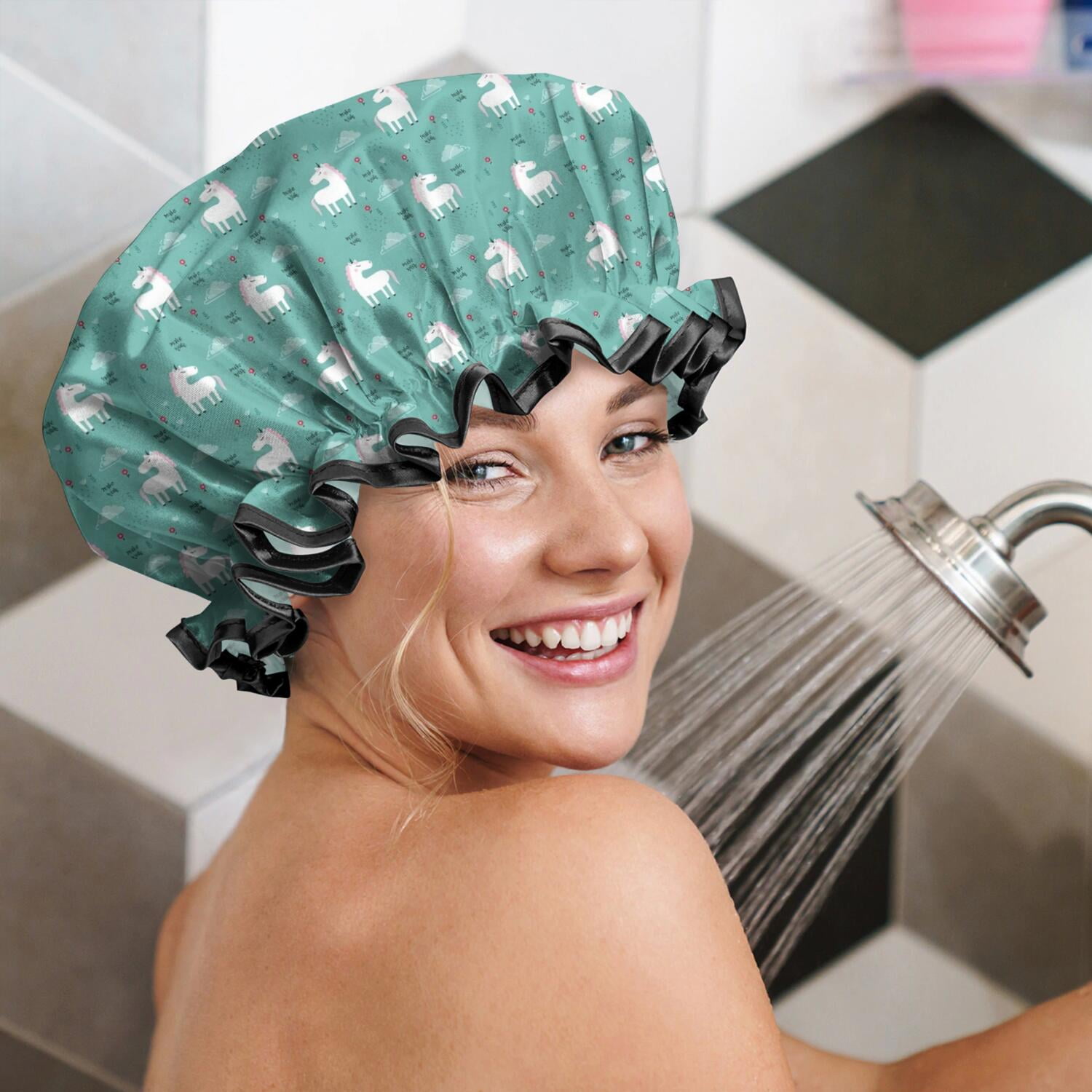 Shower Caps,Green Cartoon Unicorn Pattern Waterproof Shower Cap for Women 4 Pieces,Double Reusable Hair Cover for Shower PEVA Elastic Stretch Hem