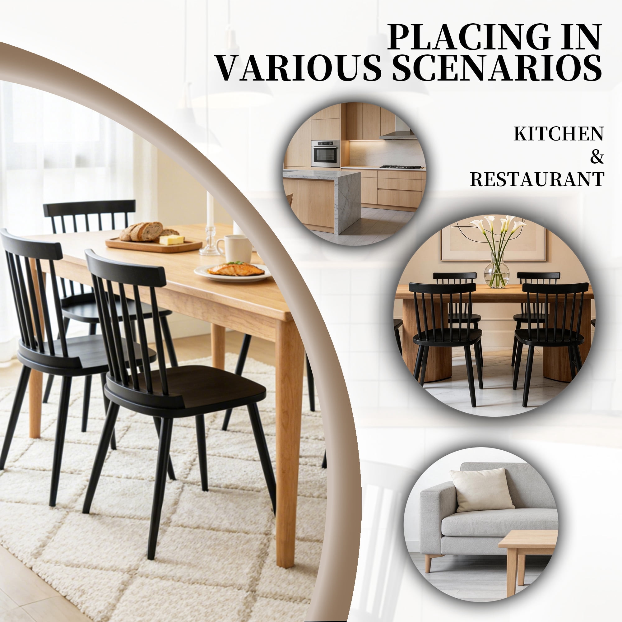 ClinQ Wooden Windsor Dining Chair Set of 4，Modern Classic Armless Kitchen Side Chairs with Sturdy Iron Legs for Dining Room, Black