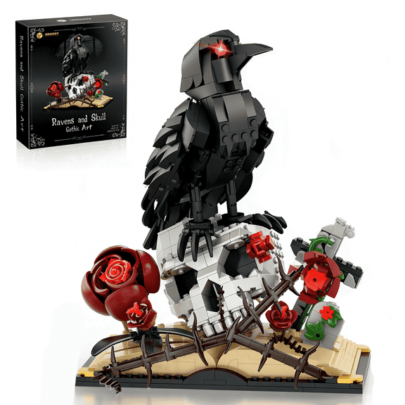 Gothic Raven & Skull Building Set, Dark Academia Decor, Lego Compatible, Collectible Gift for Adults, 758 Pcs