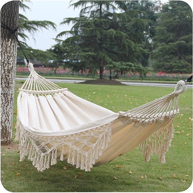 Hamaca de jardín para adultos, hamaca tejida de macramé bohemio para 2 personas con barra de equilibrio, hamacas portátiles antivuelco adecuadas para acampar y hacer senderismo en interiores y exterio