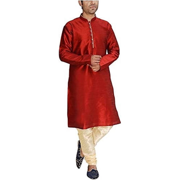 Royal Kurta Men's Maroon Silk Blend Loop Button Kurta Churidar Set