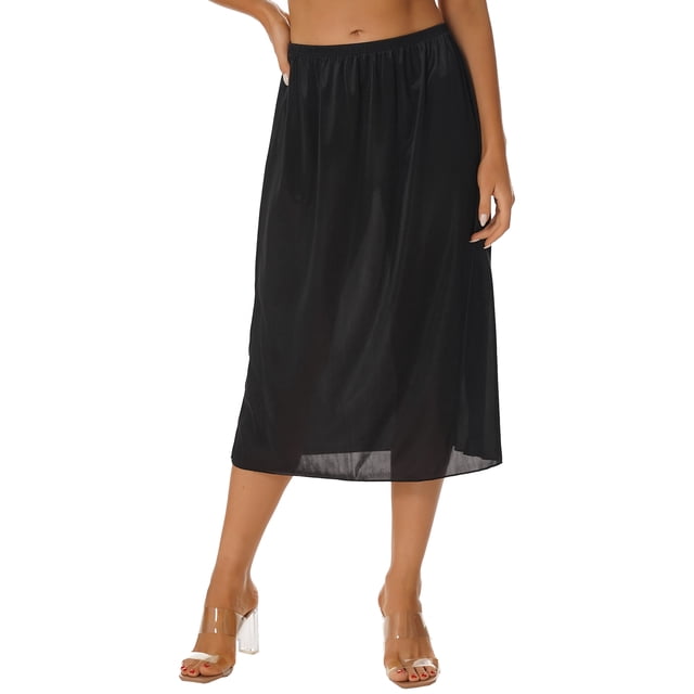 RUNQHUI Jupon Long en Satin pour Femme Demi-Jupon Jupe sous Robe Jupons Rallonge Demi-Jupons 75cm Noir TTG