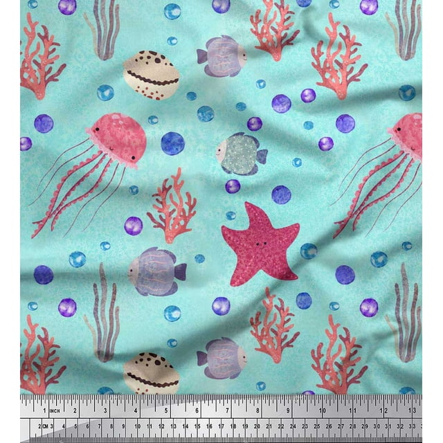 Soimoi Poly Georgette Fabric Fish,Coral & Jellyfish Ocean Print Sewing Fabric Yard 52 Inch Wide