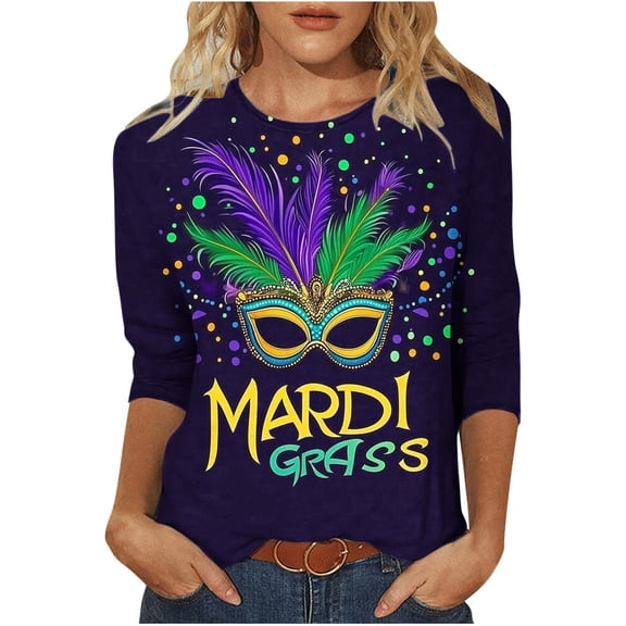 Rciityk Carnival 3/4 Length Sleeve Womens Tops Casual Loose Mardi Gras Printed Crew Neck T-Shirt Pullover Holiday Party Tops