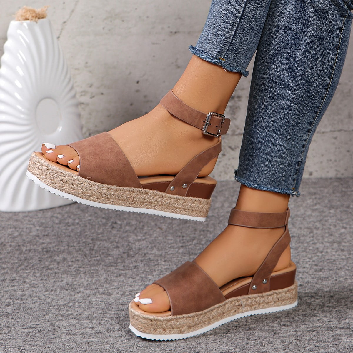 BERANMEY Open Toe Buckle Ankle Strap Espadrilles with Flatform Wedge Sandals For Women - Casual Platform Sandals Women Comfortable - Espadrilles Beach Sandals For Woman