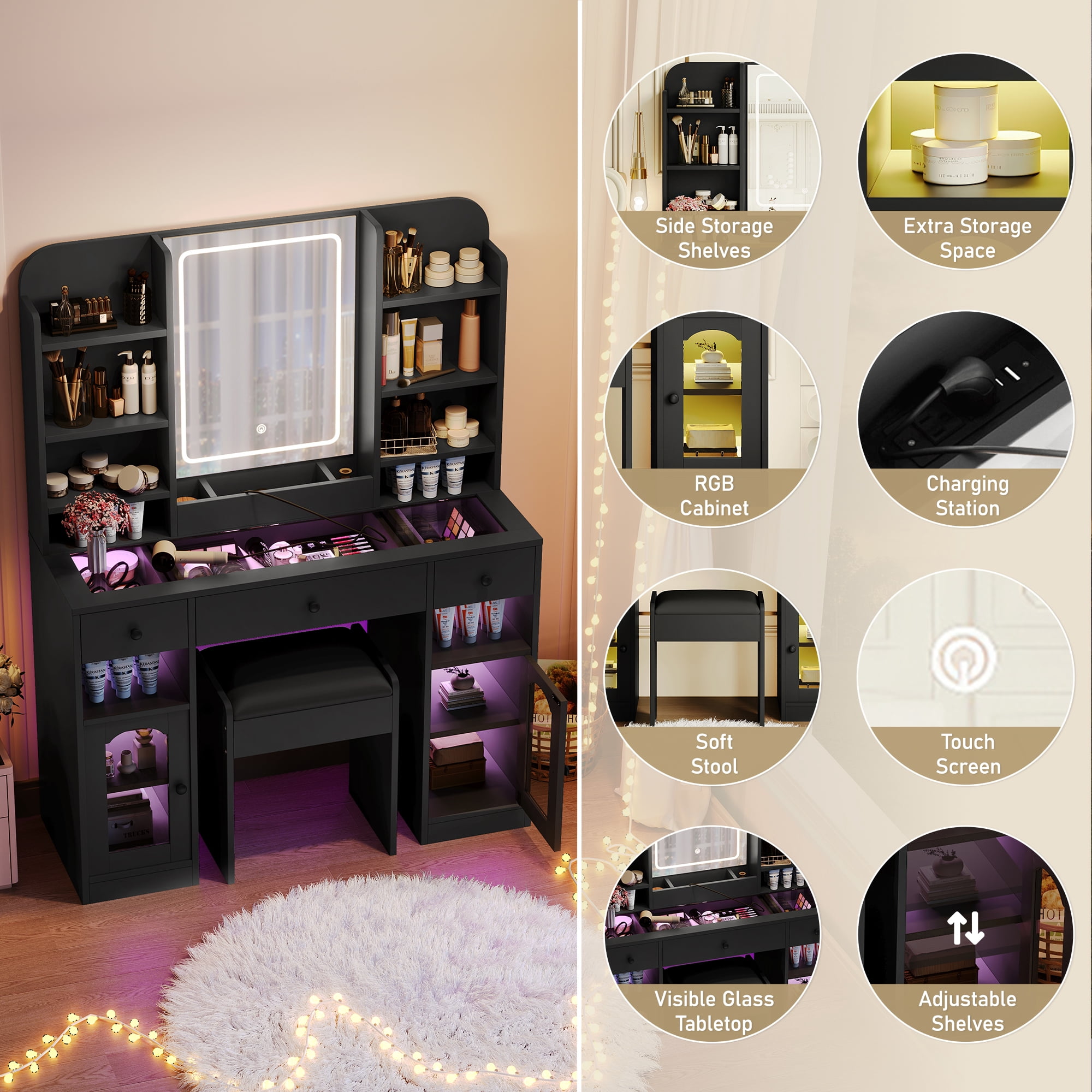 Mintazer 43.2" Vanity Desk with LED Mirror & RGB Glass Light Cabinets, Dressing Table with Charging Station & 3 Drawers, Makeup Vanity Table Set with Storage Shelves & Stool for Bedroom, Black