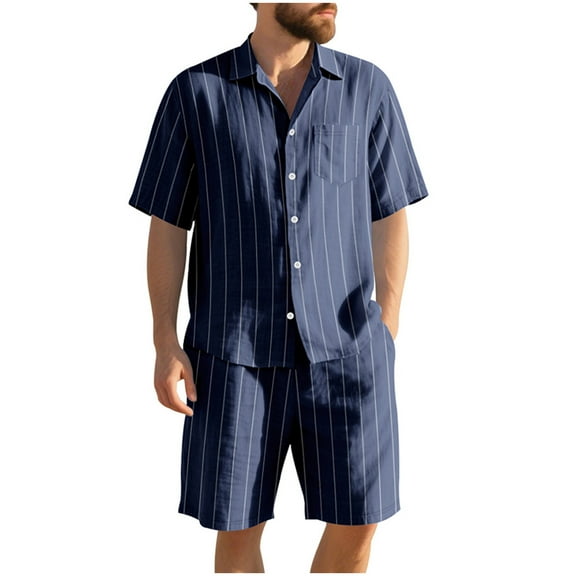Paiyanr Cotton Linen Sets for Men Summer Breathable Striped Shirts Shorts 2 Piece Outfits Casual Short Sleeve Drawstring Waist Beach Shorts Sets