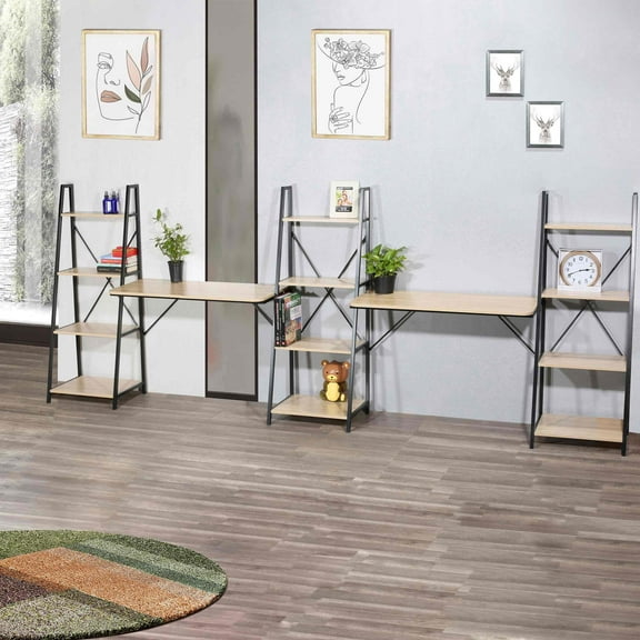 Davee Furniture Oak Writing Desk with 2 Desktop and 3 Bookshelves