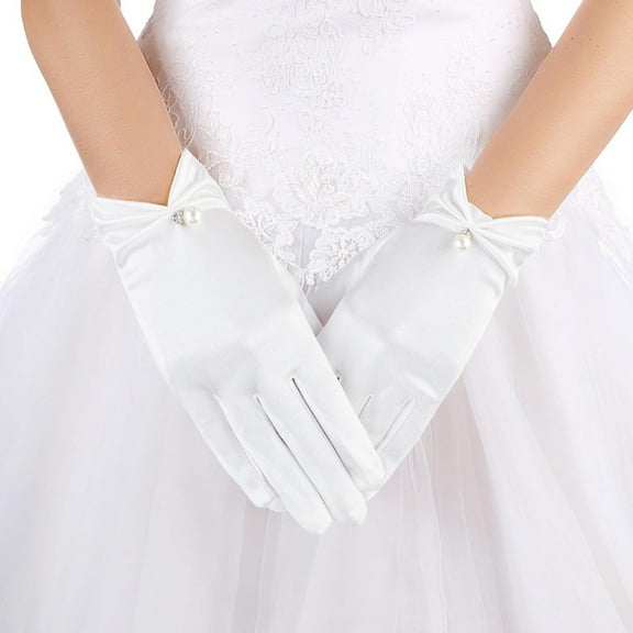 Short Satin Gloves for Women, Wrist Length White Satin Pearl Gloves Wedding Bridal Gloves Uniform Gloves Opera Banquet 1920s Flapper Accessories Floral Tea Party Tuxedo Gloves