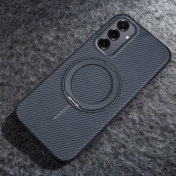 Ultra-Slim Carbon Fiber for Samsung Galaxy S25 Case with 360 Rotating Invisible Ring Holder Stand, Compatible with MagSafe, Luxury Anti-Slip Shockproof Military Protection Phone Cover, Black