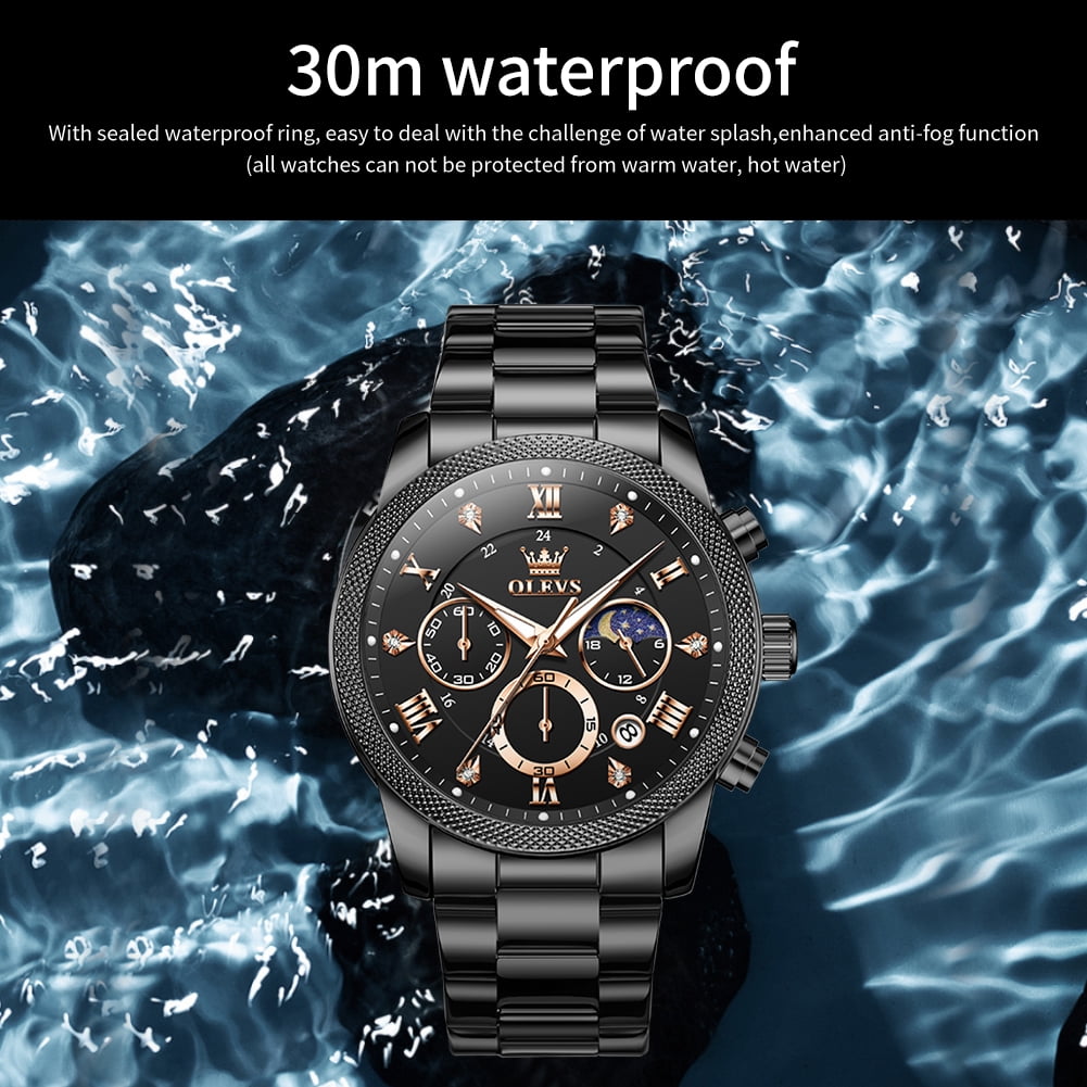 OLEVS Chronograph Watches for Men Fashion Dress Analog Quartz Moon Phase Stainless Steel Waterproof Luminous Date Luxury Mens Wrist Watches Reloj Para Hombre Rose/Black