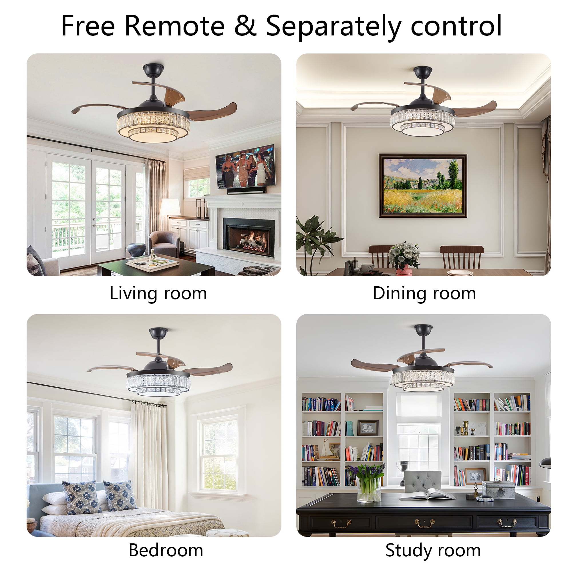 Jopath 48" Retractable Crystal Ceiling Fan with Light and Remote Control, 6-Speed Quiet ,4 Blades Modern Ceiling Fans for Kitchen Bedroom Dining Room Patio