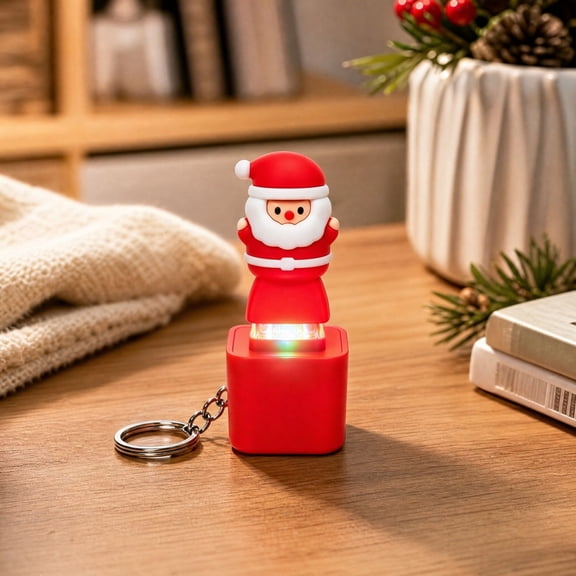 Santa Themed Press Toy Keychain 2.56in, USB Rechargeable with Light Sound Feedback, Metal Key Ring Compact Carry Design, Reusable Bag Key Desktop Holiday Party Decor