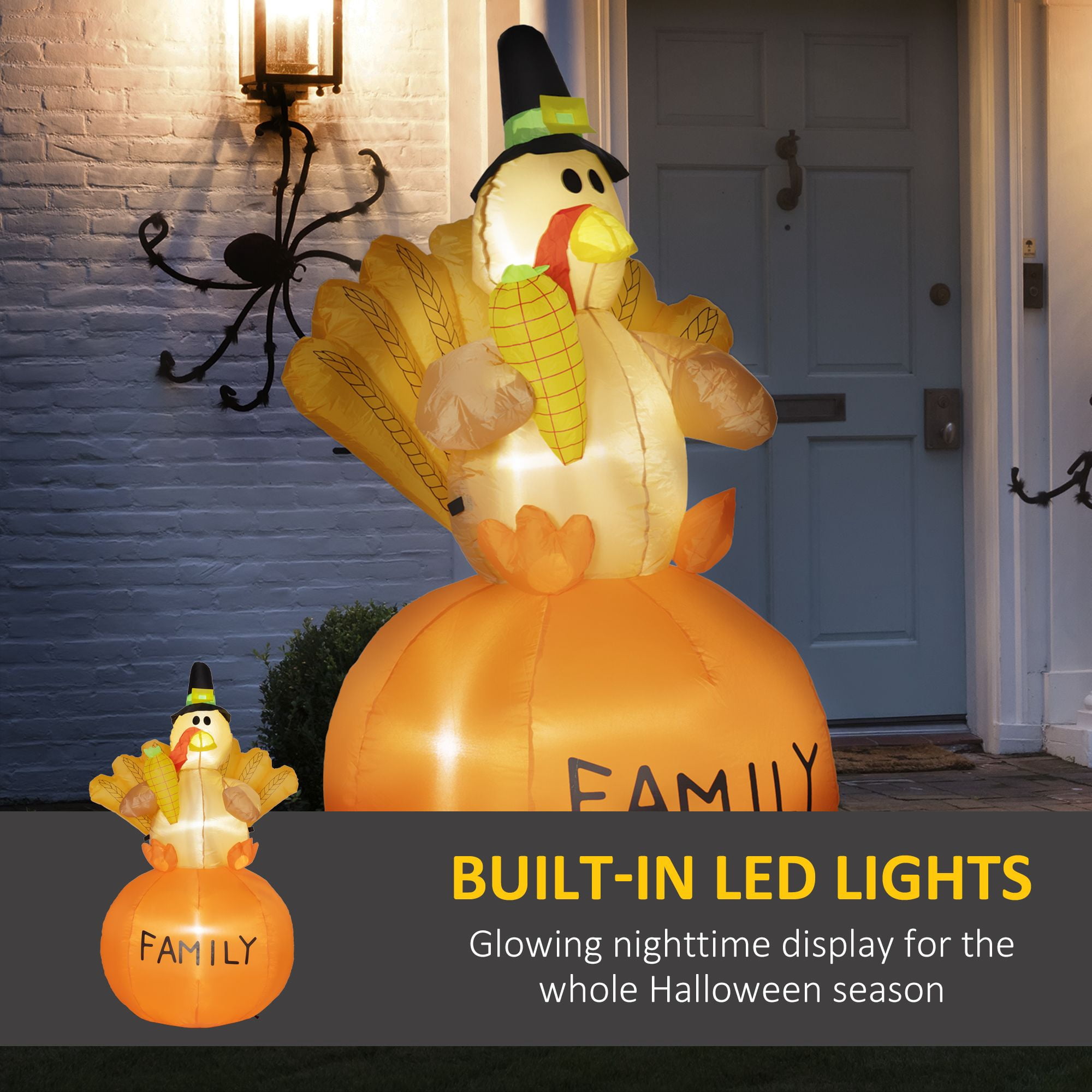 59.1IN Inflatable Thanksgiving Turkey with Wheat-like Tail Feather Decor with White LED Lights Waterproof Polyester Blow Up Yard Ornament