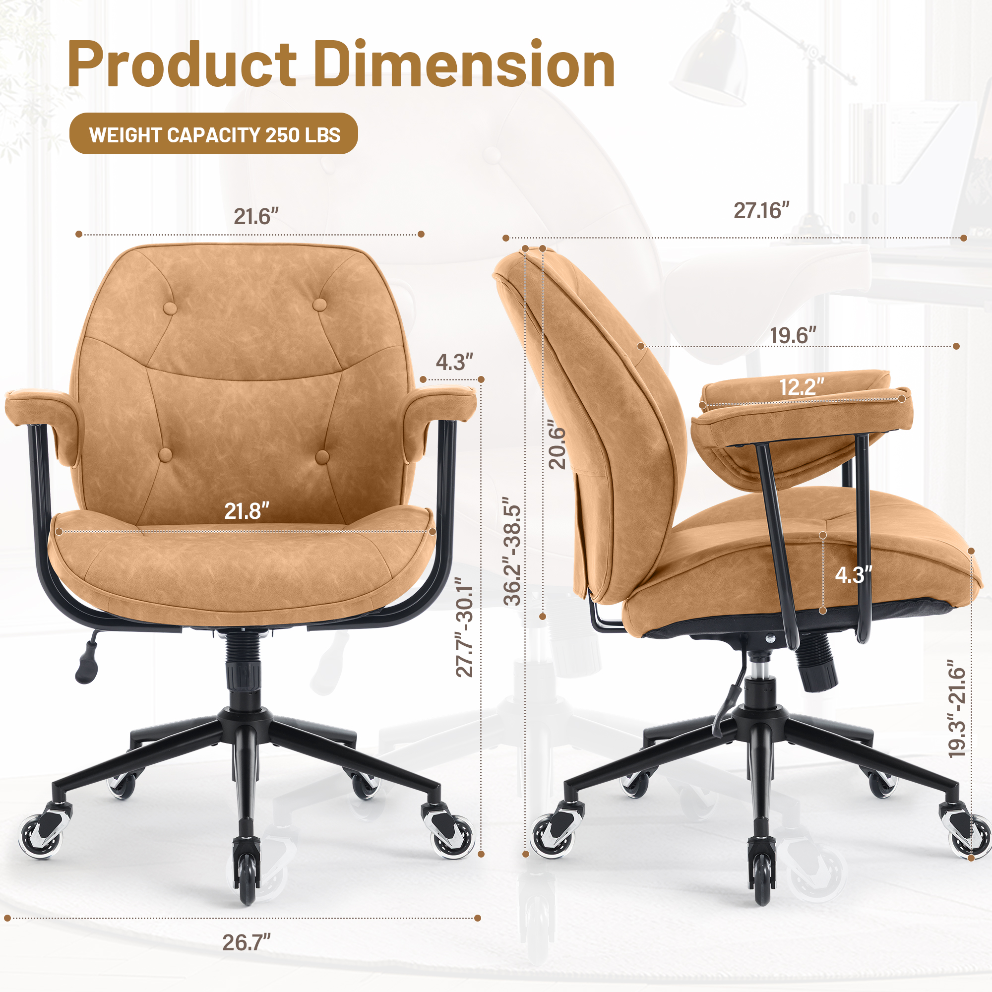 Mid Century Modern Office Desk Chair with Wheels and Arms, Mid Back Ergonomic Office Chair with Lumbar Support, Swivel Leather Computer Desk Chair for All Day Comfort