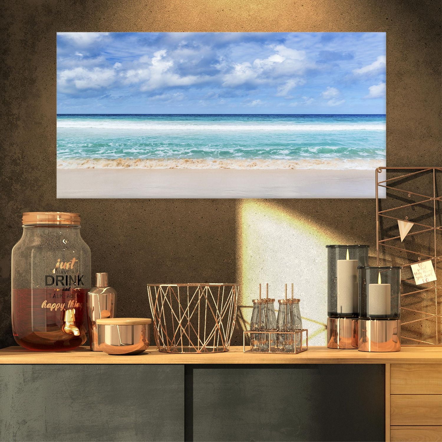 Designart Tranquil Beach under White Clouds Canvas Wall Art