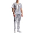 thumbnail image 2 of RYDCOT Men's Metallic Glossy V Neck Short Sleeve T Shirt and Pants 2 Piece Set Jacket Men Straight Leg Trousers Costume for Men Disco Cosplay Party Silver, 2 of 7