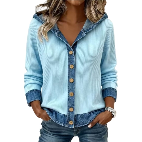 Sewkxo Womens Denim Patchwork Collared Shirt Hoodie Jacket Jean Shacket Button Down Long Sleeve Faux Denim Cardigan Jackets,Sky Blue S
