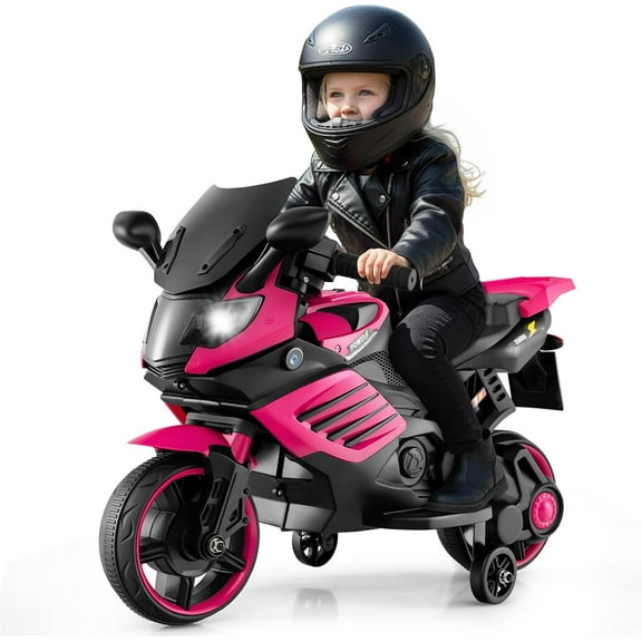 OLAKIDS 6V Kids Motorcycle with Training Wheels, Horn, Music, Headlight for Boys Girls Aged 3 Years