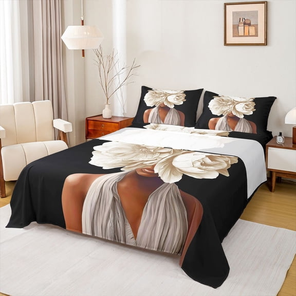 Homewish Black Girl 3pcs Twin Sheet Sets For Teens Female Adults,Chic Flowers Twin Fitted Sheet,Fashion Modern Breathable Flat Sheet,Lightweight Room Decor