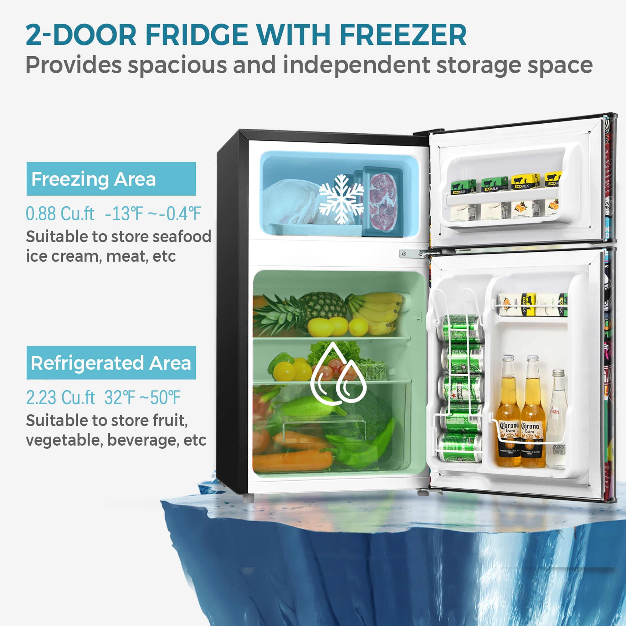  COSTWAY Refrigerador compacto, 2 puertas 3.4 pies cúbicos  Refrigerador para debajo del mostrador, unidad de congelador y refrigerador  para dormitorio, oficina, apartamento con estantes ajustables de cristal  extraíbles : Electrodomésticos