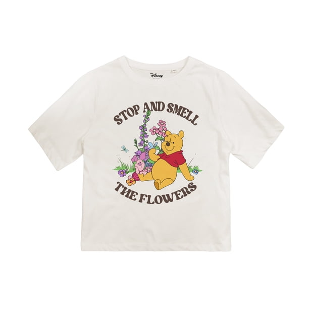 Winnie the Pooh - Crop Top Stop And Smell The Flowers para Mujer (Blanco Retro)