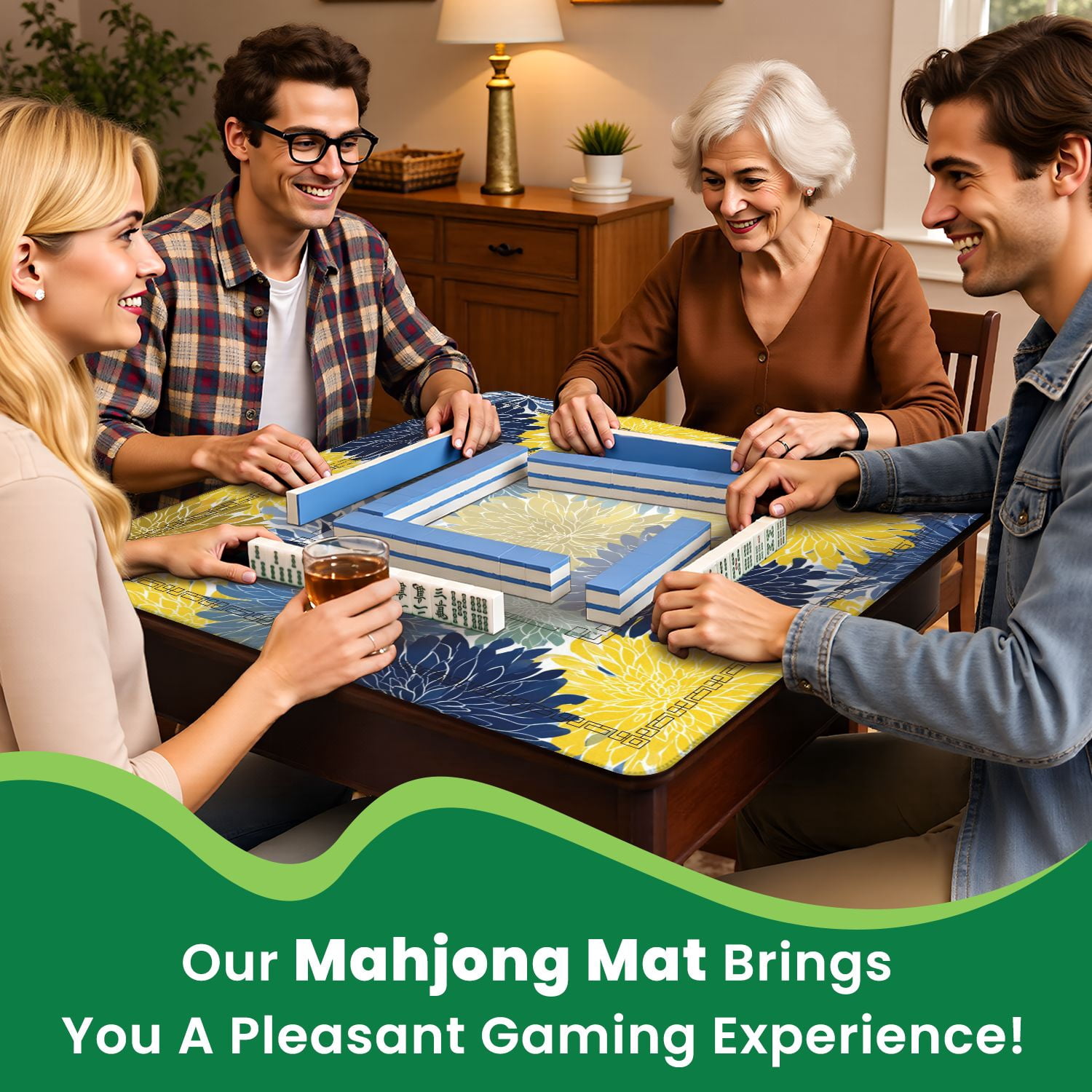 Mahjong Mat 31.5" x 31.5" Spring floral seamless Blue yellow navy Chrysanthemum Non-Slip Noise Reduction American Mahjong Tiles Table Cover for Dominoes Poker Card Board Games Gift