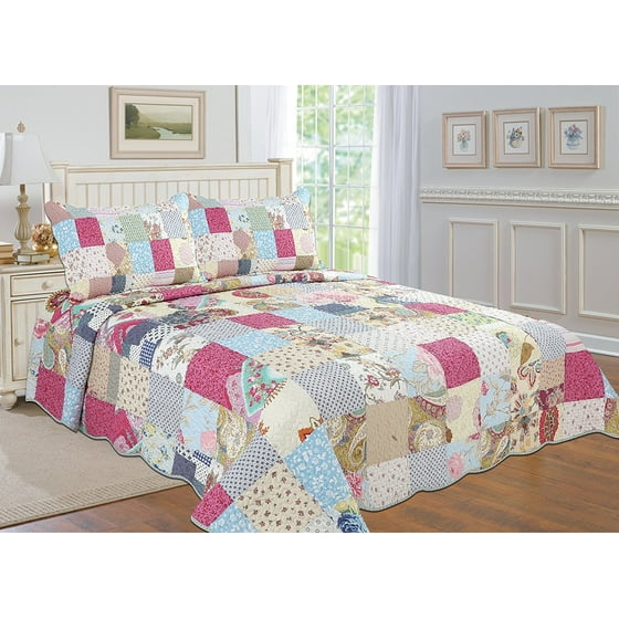 All For You 3 Piece Reversible Bedspread Coverlet Quilt Set Oversize Real Patchwork King California