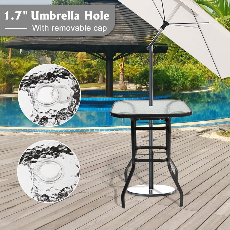 bar height patio table with umbrella hole tempered glass Flash Furniture Tory Commercial Grade Top with and Steel Tube Frame, Clear Top/Black Frame poolside areas 37” Height Bistro Table with
