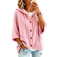 thumbnail image 2 of Women 3/4 Sleeve Button Drawstring Hooded Knit Cardigan Sweater with Pocket, L, 2 of 6