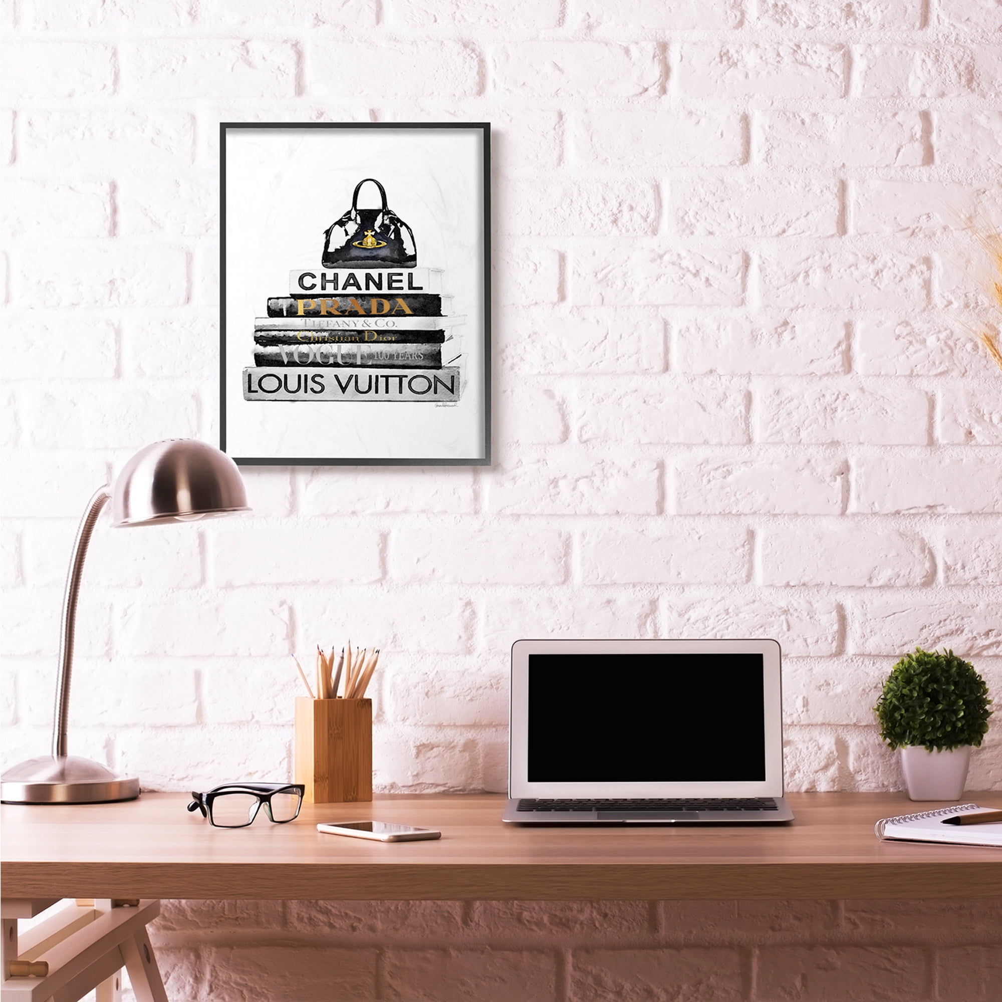 Stupell Industries Fashion Designer Purse Bookstack Black And White Watercolor Framed Wall Art by Amanda Greenwood