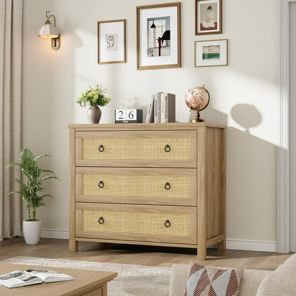 Rattan 3 Dresser for Bedroom, 29" Tall Dresser, Boho Tall Drawer Dresser with Storage, Wooden Closet Dressers Chest of Drawers Freestanding for Bedroom, Nursery, Living Room, Natural