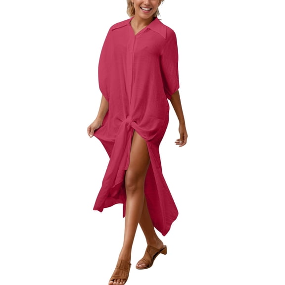 PBFRDSJ Women's Bathing Suit Cover Up V Neck Shirt Maxi Dress Half Sleeve Button Down Cover Up for Swimwear Vacation Beach