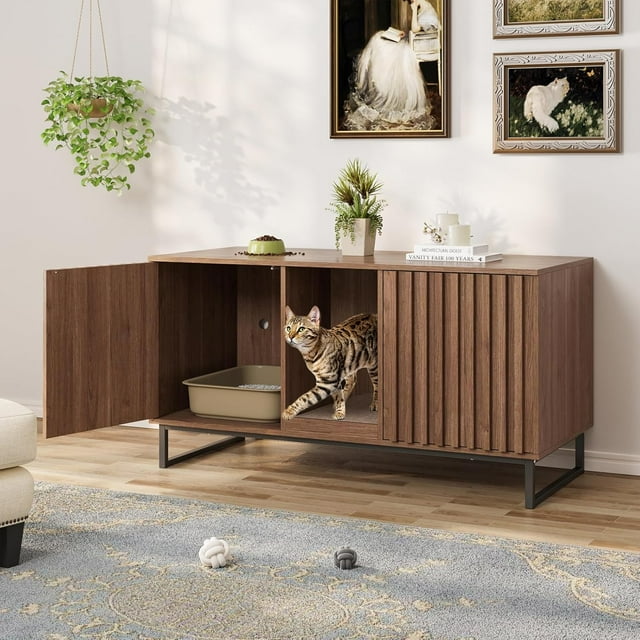 Vabches Multi-Functional Cat Washroom Bench, Hidden Cat Litter Box Enclosure with 2 Doors & Cat Scratch Pad for 2 Cats