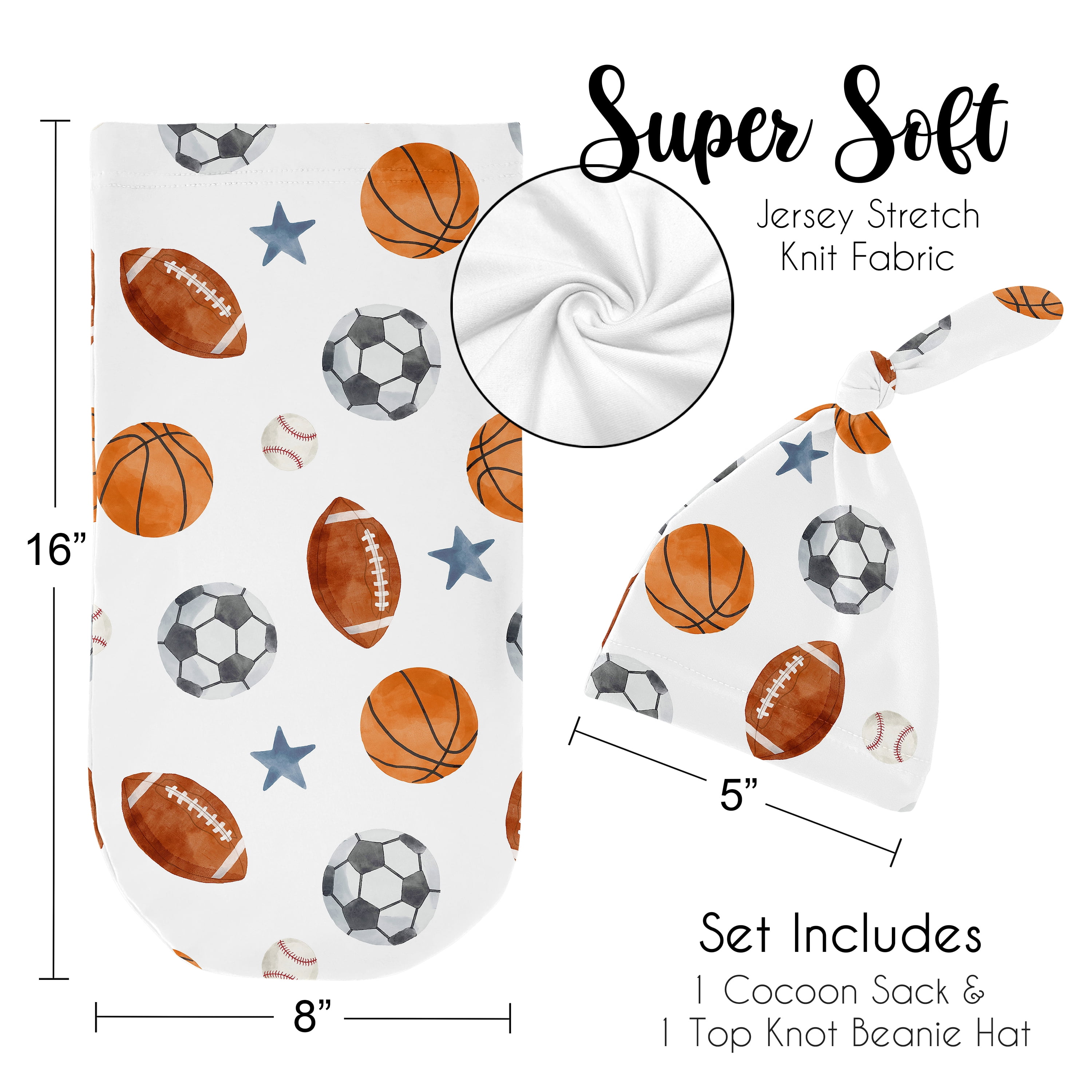 Sweet Jojo Designs Watercolor Sports Theme Boy Baby Cocoon and Beanie Hat Sleep Sack Set 2 Piece