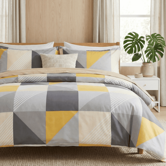 Yellow and Grey Duvet Cover Set , 100% Natural Cotton Geometric Duvet Cover 3 Piece Soft Breathable Bedding Set for All Seasons