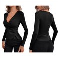 thumbnail image 2 of Camiseta de Larga Ajustada con Escote en V Profundo y Fruncido para Mujer Negro XL, 2 of 5