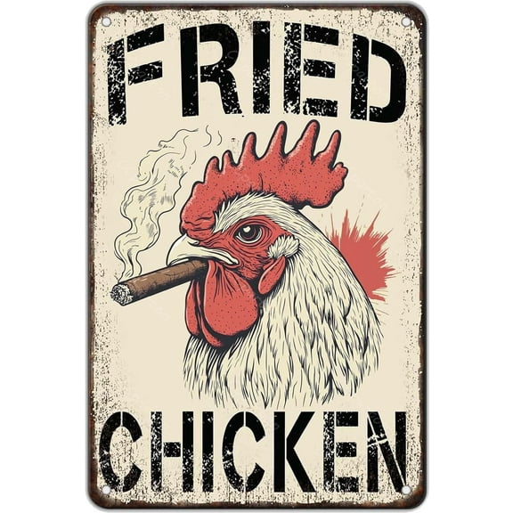 Vintage Fried Chicken Rooster Metal Sign 8x12 Inch Aluminum Tin Poster Wall Art Decor for Kitchen Bar Restaurant Cafe Diner Retro Themed Home Office Garage Man Cave