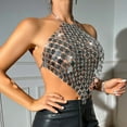 thumbnail image 4 of Women's Tops V Neck Silver Sequin Top Shiny Bright Diamond Chain Halter Vest Halter Crop Tops Night Club Party Wear Silver Free Size, 4 of 5