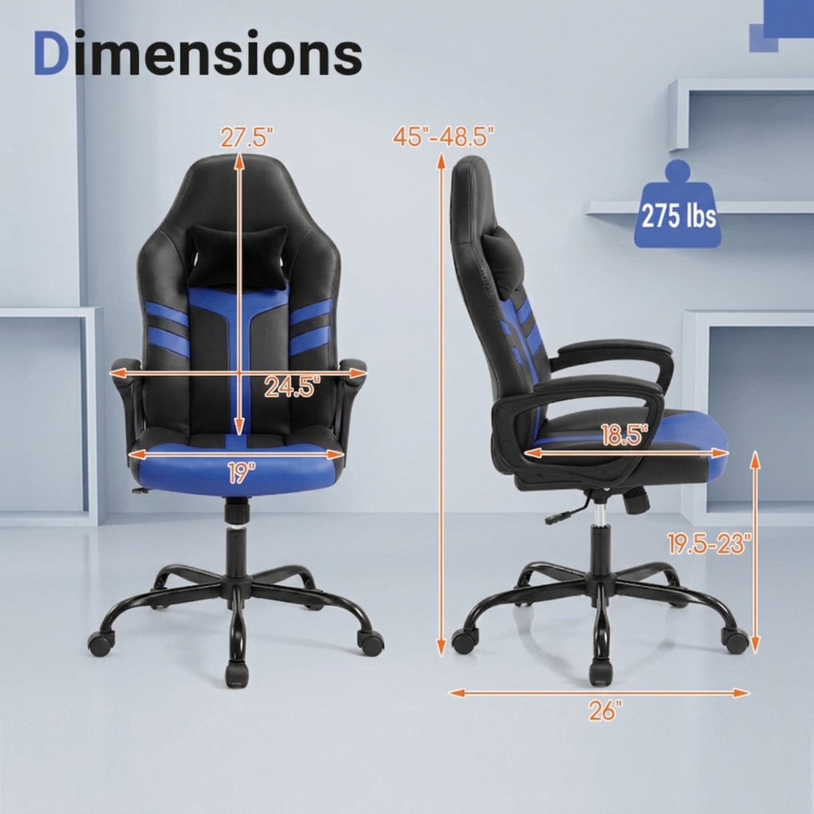 Furnibear Faux Leather Office Chair with Removable Head Pillow, Ergonomic High Back Rocking Desk Chair with Padded Armrest and Casters, Blue