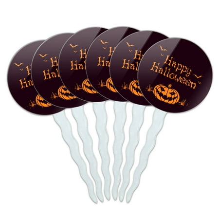 Happy Halloween Holiday Pumpkin Jack-o-lantern Bats Cupcake Picks Toppers Decoration Set of 6